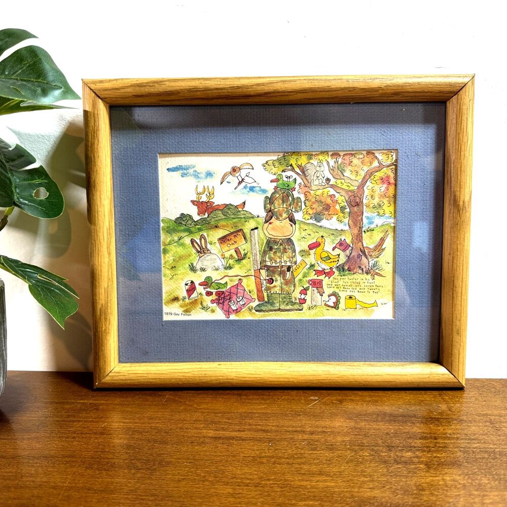 Gay Felton Watercolor Cartoon Artwork Hunter Framed Print 8" X 10" Dated 1979